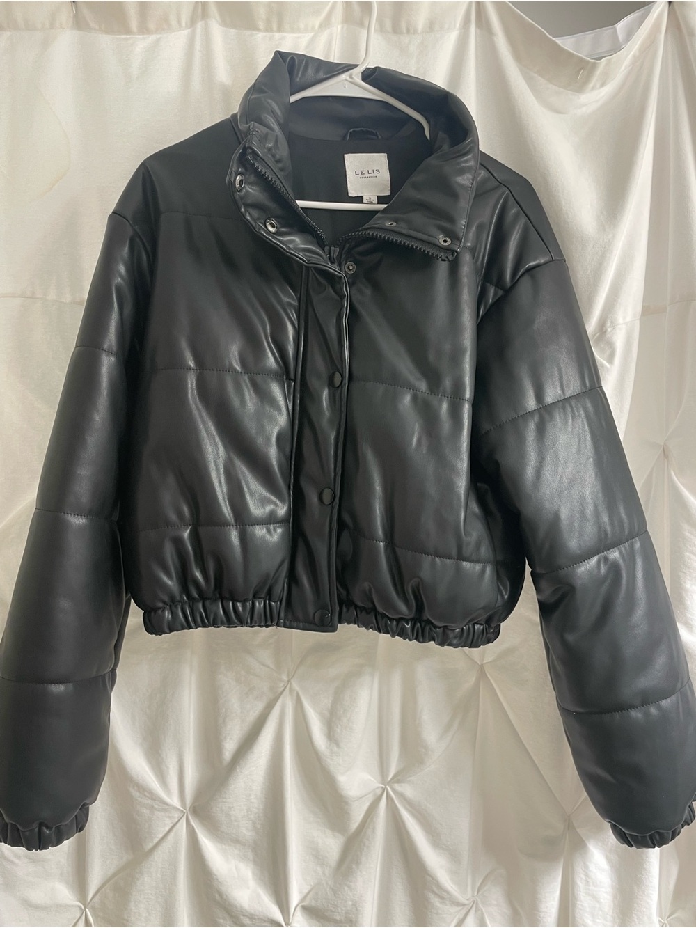 Le Lis Black Faux Leather Cropped Puffer Jacket